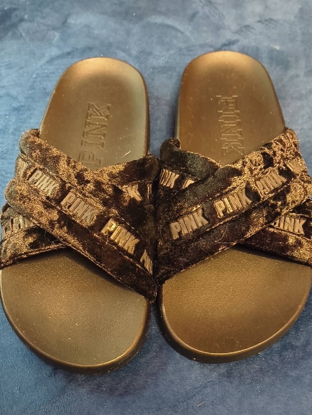 PINK Victoria's Secret Black Velvet Crisscross Logo Slide Sandals